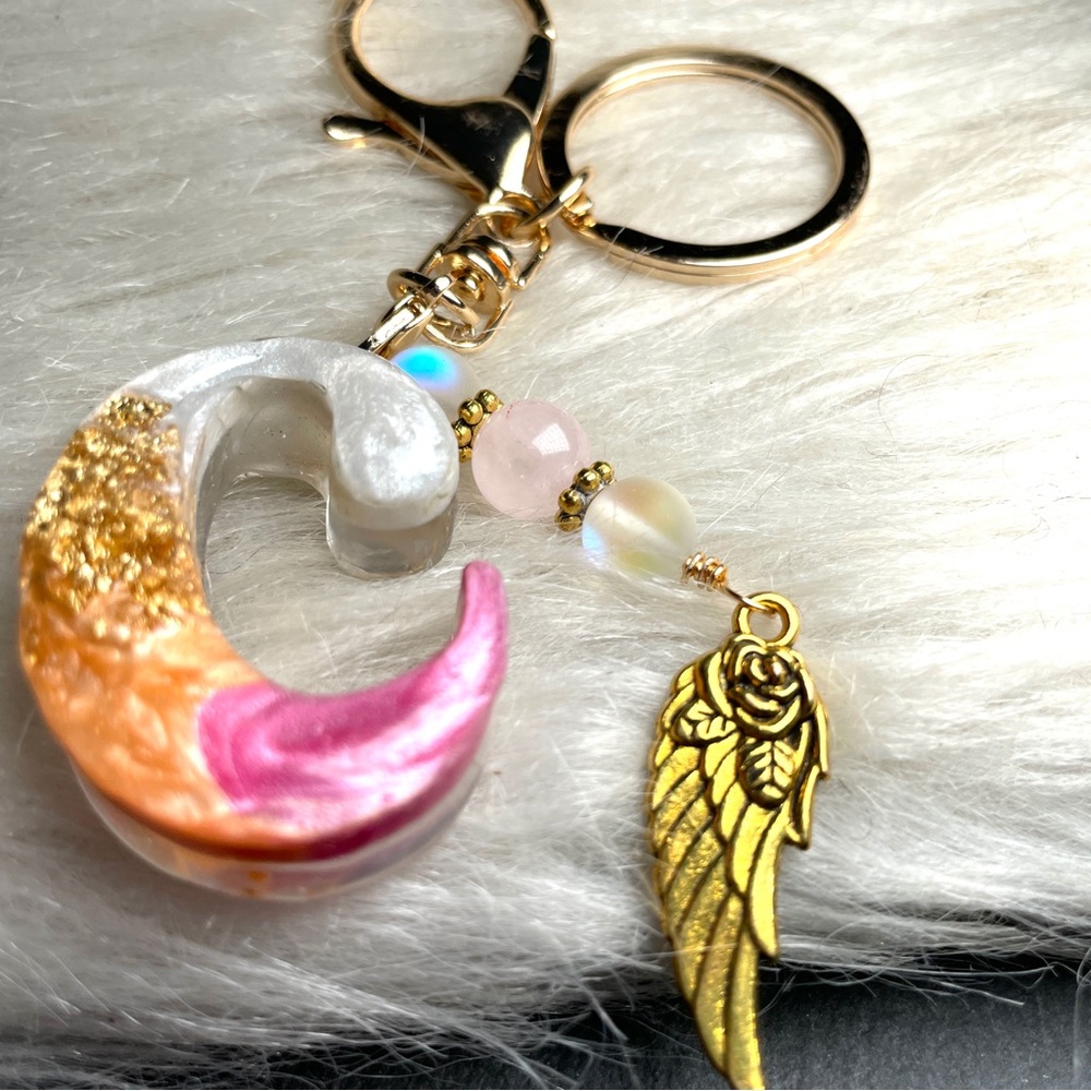 Custom Orange and Pink Letter “C”Keychain with Rose Quartz and Gold Wing Charm - Picture 5 of 9